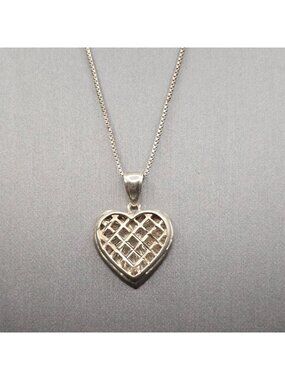 Vintage Sterling Silver Heart Necklace 18" Lattice Mesh Signed SA 925 Box Chain